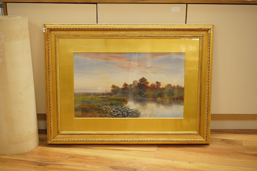 Noel Smith (19th. C), watercolour, Riverscape with flock of sheep, signed, 37 x 63cm, ornate gilt frame